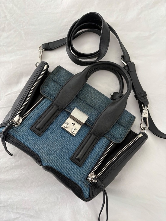 3.1 Phillip Lim Handbags - 3.1 Phillip Lim Pashli Denim/Black Leather Satchel Top Handle Detachable Strap